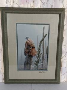 lot 34 image: Beautiful Framed and Signed Art Fence Line Display - Kestrel and Mullein by Daniel Smith 1997 with COA