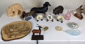 lot 62 image: Ceramic, Wood and Glass Animal Themed Decorative Objects Bears, Birds, Dachshund and a Reindeer