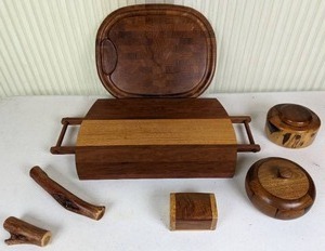 lot 66 image: 7-Piece Collection of Gorgeous Wooden Objects Serving Trays, Trinket Dishes with Lids, and Sample Wood