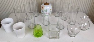 lot 86 image: Lot of 13 Glass Vases, 2 Ceramic Planters and Urn with Lid