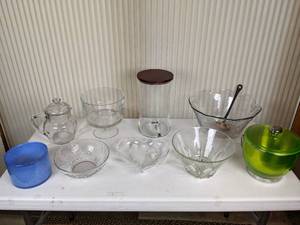 lot 105 image: Set of (9) Assorted Party Serving Items (Punch Bowls, Trifle Bowl, Beverage Dispenser, and More)
