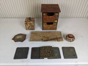 lot 113 image: Assorted Stone Items and Lovely Small Wood Box with (2) Drawers