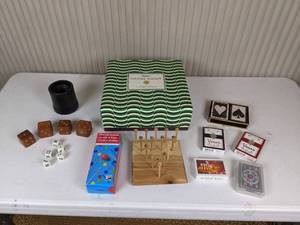 lot 114 image: Game Night Grab Bag - Casino Night, Decks of Cards, Triangle Peg Game, Dice, and more