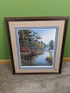 lot 195 image: Vintage Moose by Water Framed Art by James A. Meger