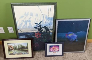 lot 182 image: Four Framed Art Pieces includes Angel Fish, Reef Secrets by Sherry Vintson, and Garden Scene