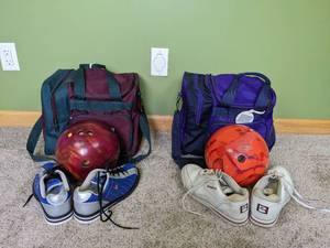 lot 217 image: Set of (2) Bowling Ball Bags, (2) Bowling Balls, and (2) Pairs of Bowling Shoes