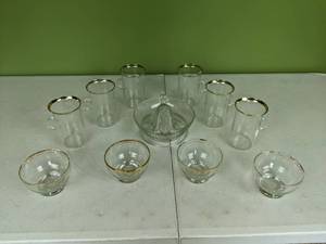 lot 212 image: Gorgeous Collection of Clear with Gold Trim Glass Cups, Bowls and Citrus Juicer Reamer Bowl
