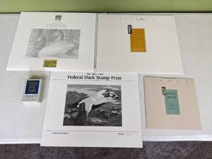 lot 228 image: Vintage Collection of Federal Duck Stamps Collection Book and Prints Bruce Miller Diamond Edition AP348395, Joseph Hautman 427510500, Daniel Smith 98922000 and Daniel Smith the Search of Excellence