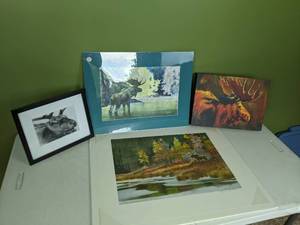 lot 233 image: Collection of (4) Moose Themed Framed Art and Prints by Diane Whitehead, Sivertson, J.L. Peyton and more