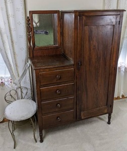 lot 4 image: Antique Wood WardrobeArmoire with Mirror and Cushioned Vanity Stool