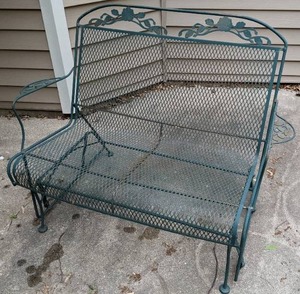 lot 149 image: Green Wrought Iron and Metal Mesh Garden Bench Glider