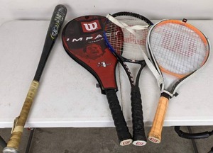 lot 50 image: Easton Baseball Bat and 3 Wilson Tennis Rackets
