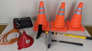 lot 46 image: Car Accessories 200 PSI Air Pump, Funnel, 3 Safety Cones, Extension Cord, 2 Squeegees