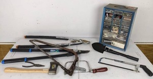 lot 55 image: Collection of Hand Tools (Loppers, Saws, Pliers, etc.) and Hardware Organizer Case with Hardware