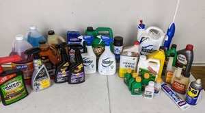 lot 179 image: Assortment of Car and Garage Products Spectracide, Round Up, Tree & Shrub Feed, Spray Lube, Mineral Spirits, Formula 500, Adhesive Caulk, Chrome Wheel Cleaner, Gold Class Car Wash, Engine Oil, WD-40 and More