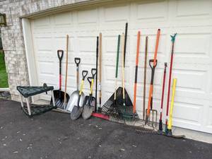 lot 187 image: Assortment of Yard Tool Organizer Stand and Tools Shovels, Rakes, Broom and More