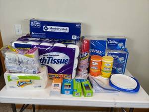 lot 139 image: Assortment of Paper & Plastic Products (Kleenex, Paper Plates, Disinfecting Wipes, Plasticware and More)
