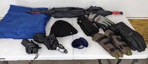 lot 133 image: Winter Weather Accessories Earmuffs, Blanket, Sock Hat, 4 Pairs of Gloves (Men & Women), 3 Umbrellas