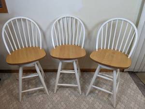 lot 125 image: Set of Three Swivel Farmhouse White Back and Natural Wood Seat
