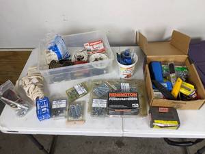 lot 178 image: Assortment of Tools Screws, Saw Blades, Cable Staples, Stove Bolts, Leveler, Grip-Rite Fasners, Power Fasteners, Wire Connector and More