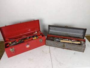 lot 174 image: Set of (2) Steel Tool Boxes with Hip Roof and Tools Screw Drivers, Wrenches, Levelers, Tack Hammer, Spring Clamp and More