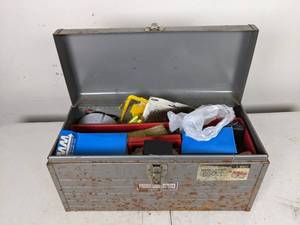 lot 197 image: Sears Craftsman Mechanics Metal Tool Box and Tools Screw Drivers, Monkey Wrench, Nails, Screws, Brushes and More