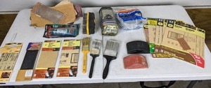 lot 170 image: Home Improvement Lot Sandpaper, Paint Brushes, Pipe Insulation Wrap, Steel Wool and More