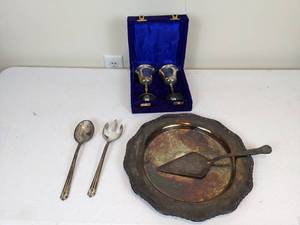 lot 208 image: Vintage Metal Serving Platter, Cutlery and Cups