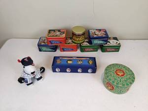 lot 209 image: Assortment of Decorative Vintage Coca Cola Baseball Tins, Tetley Tea Folk Houses and More
