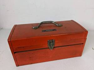 lot 140 image: Red Vintage JCPenney Toolbox wAccessories