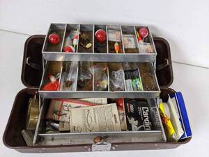 lot 144 image: Vintage Fold-A-Tray Tackle Box Filled w Fishing Accessories