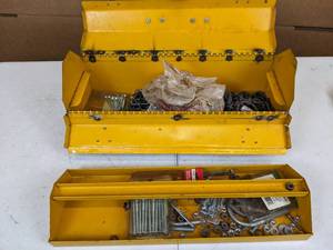lot 138 image: Vintage Yellow Metal Toolbox w Nuts, Screws, Chains, & More