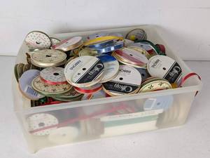 lot 247 image: Bin of Assorted New and Used Spools of Ribbon