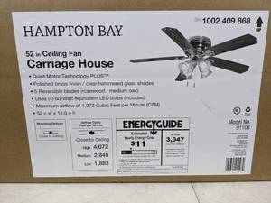 lot 217 image: NEW Carriage House 52 Indoor LED Polished Brass Ceiling Fan with Light Kit, Reversible Motor and Reversible Blades