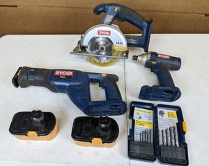 lot 229 image: Set of Ryobi Tools Circular Saw, Reciprocating Saw, Impact Driver, Batteries, and Drill Bits