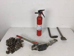 lot 249 image: Kidde Fire Extinguisher, Chain Links, Come Along Cable Puller, and Metal Prying Tools