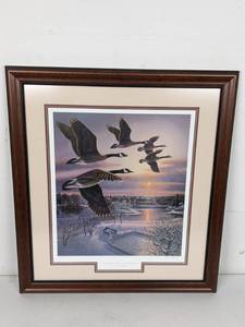 lot 77 image: Vintage One More Pass - Canada Geese Framed Art by James A. Meger