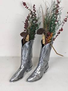 lot 119 image: Pair of Silver Cowboy Decorative Boots with Floral Stems