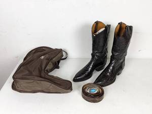 lot 46 image: Tony Lama Cowboy Boots Size 10.5  and Justin Alligator 36 Belt with Turquoise Sterling Silver Buckle