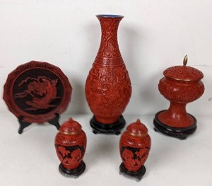 lot 86 image: Lot of Five Pieces of  Chinese Lacquerware Includes  Vase, Plate, 3 Lidded Vessels