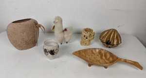 lot 114 image: Assortment of Table Dcor Ceramic Pot, Wood Shell, Maple Bowl, White Vase, Swiss Cheese Wood Piece and Alpaca