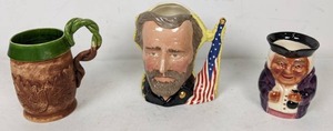 lot 269 image: Lot of 3 Ceramic Mugs Royal Doulton Civil War Mug, Toby Jug by Staffordshire, GreenBrown Handcrafted Mug