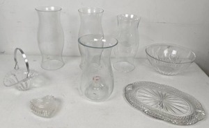 lot 270 image: 8-Piece Lot of Glassware 3 Hurricane Lamp Covers, Trinket Dish, Basket, Candle Holder, Bowl, Platter
