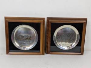 lot 60 image: Set of (2) Currier & Ives Sterling Silver with Copper & 24K Gold Framed Decorative Plates