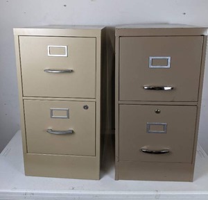 lot 338 image: Pair of 2-Drawer Beige Metal File Cabinets