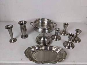 lot 334 image: Collection of Pewter Serveware and Candle Stick Holders