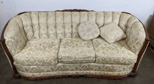lot 9 image: Stunning Vintage Wood-Frame Beige Pattern Sofa with Throw Pillows