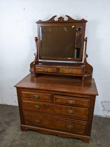 lot 11 image: Gorgeous Vintage 2-Piece Wood Dresser with Swiveling Mirror