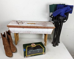 lot 361 image: Mixed Lot Small Rustic Bench, Laredo Boots, MG Corgi MGF, San Angelo Gun Cradles, & More