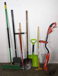 lot 362 image: Array of Garden Tools Shovels, Broom, Black & Decker GrassHog, Weasel Weedpopper, & More